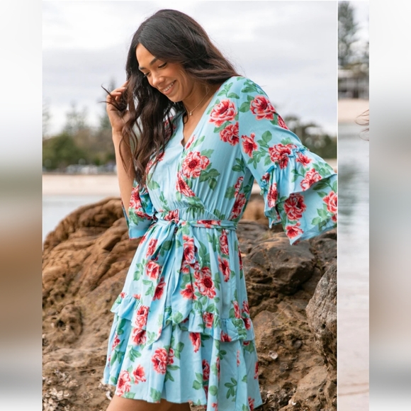 Petal+Pup Cassat Blue Floral Wrap Mini Dress - Picture 1 of 9